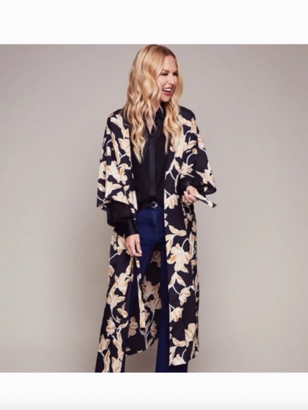 Maison Du Soir Selena Black Cream Floral Open Front Kimono/Robe Size S/M